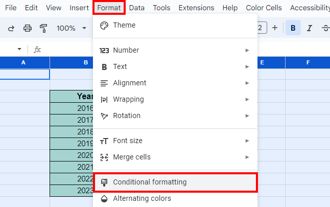 Go to Format > Conditional Formatting 