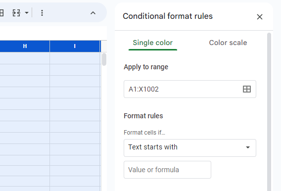 The Conditional formatting dialog box appears 